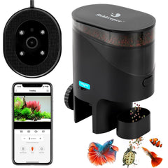 Fishkeeper automatic feeder mounted on aquarium wall for stable, hands-free feeding.