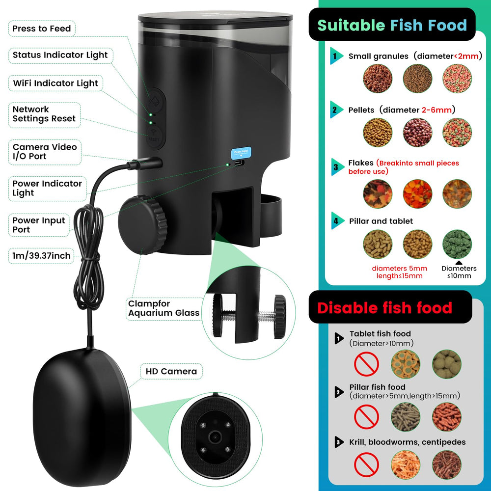 Fishkeeper wifi app control enables remote feeding and live monitoring.