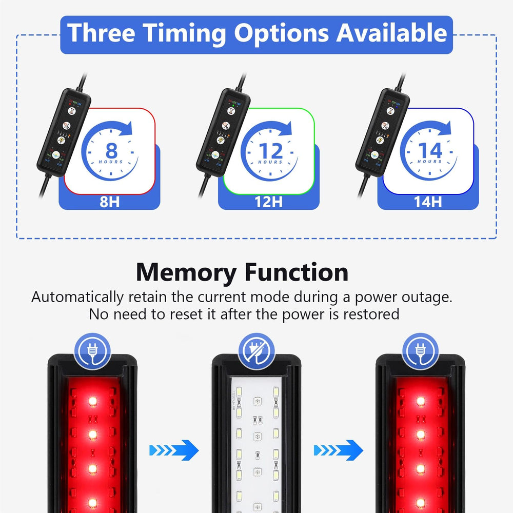 Eight color options and cycle mode for customizable ambience in aquascapes.