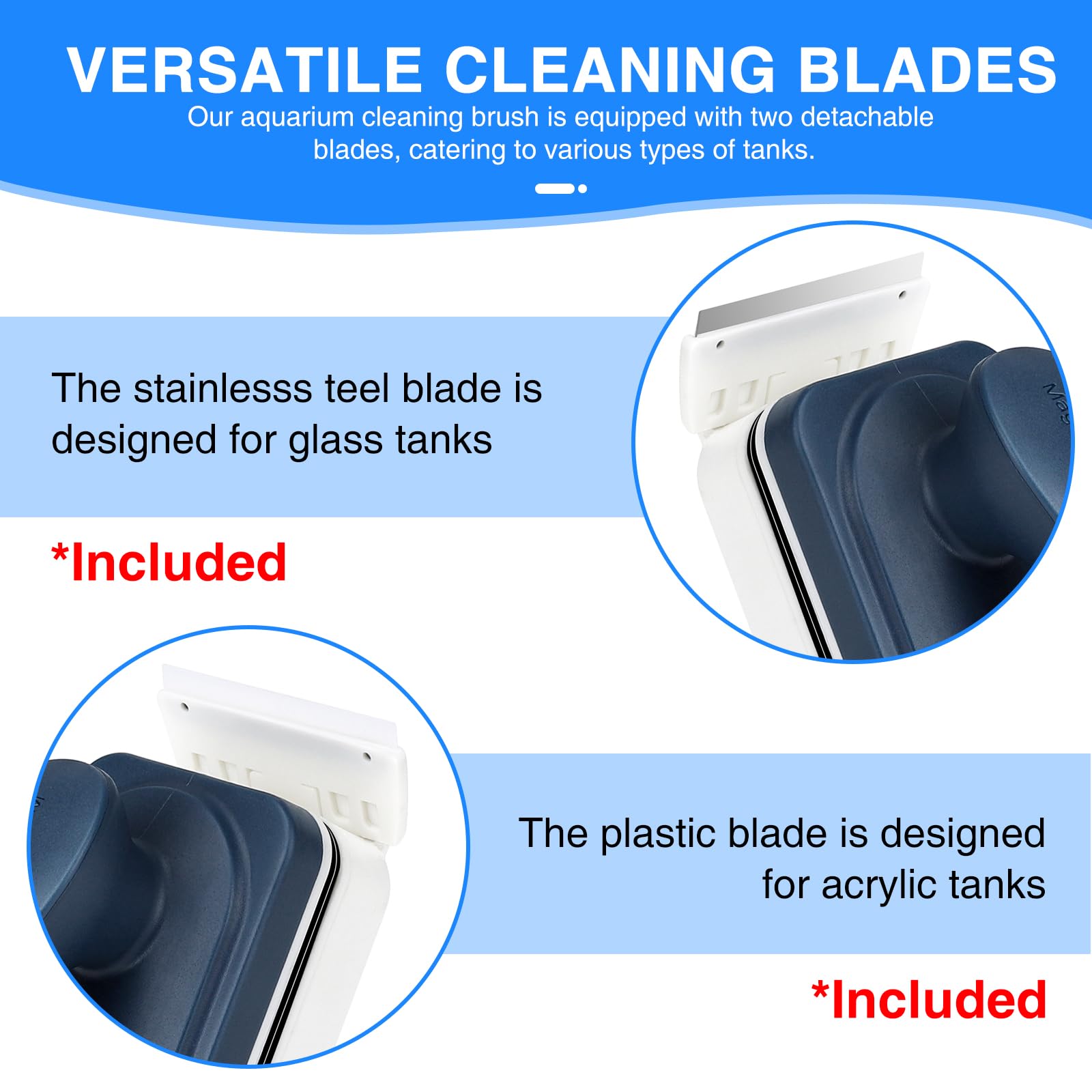 Fishkeeper detachable plastic blade for gentle acrylic surface cleaning.