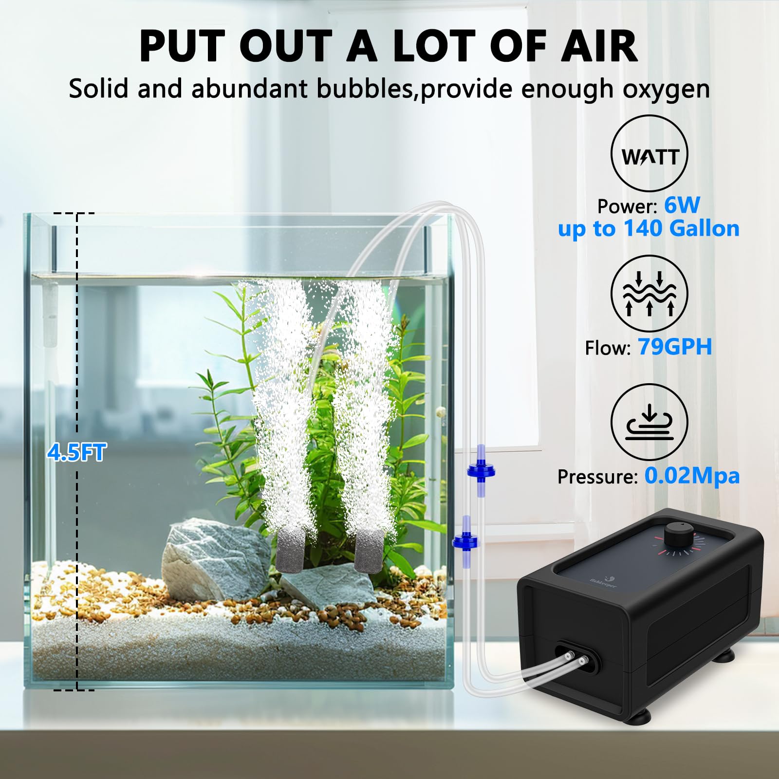 Fishkeeper dual-outlet vents emphasize simultaneous aeration for multiple tanks.