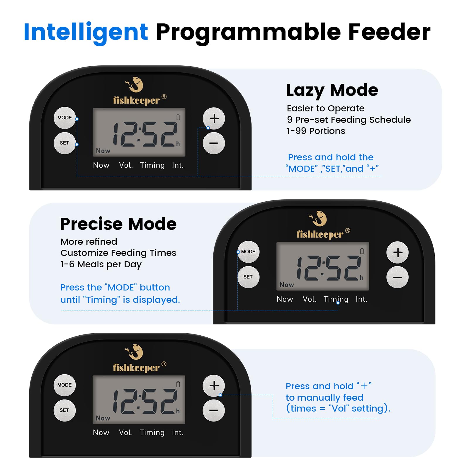 Fishkeeper feeder custom mode supports up to six daily feedings on demand.
