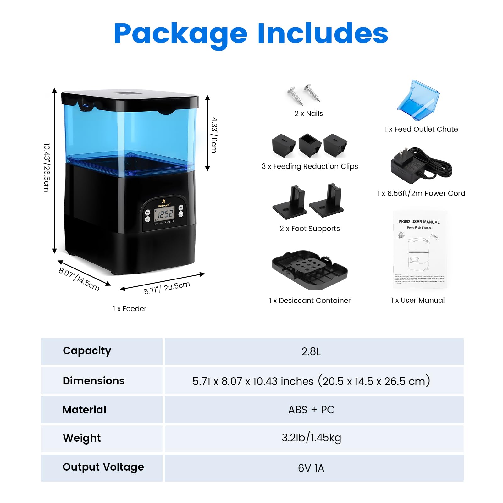 Fishkeeper dual-power feeder runs on AC or long-life batteries.