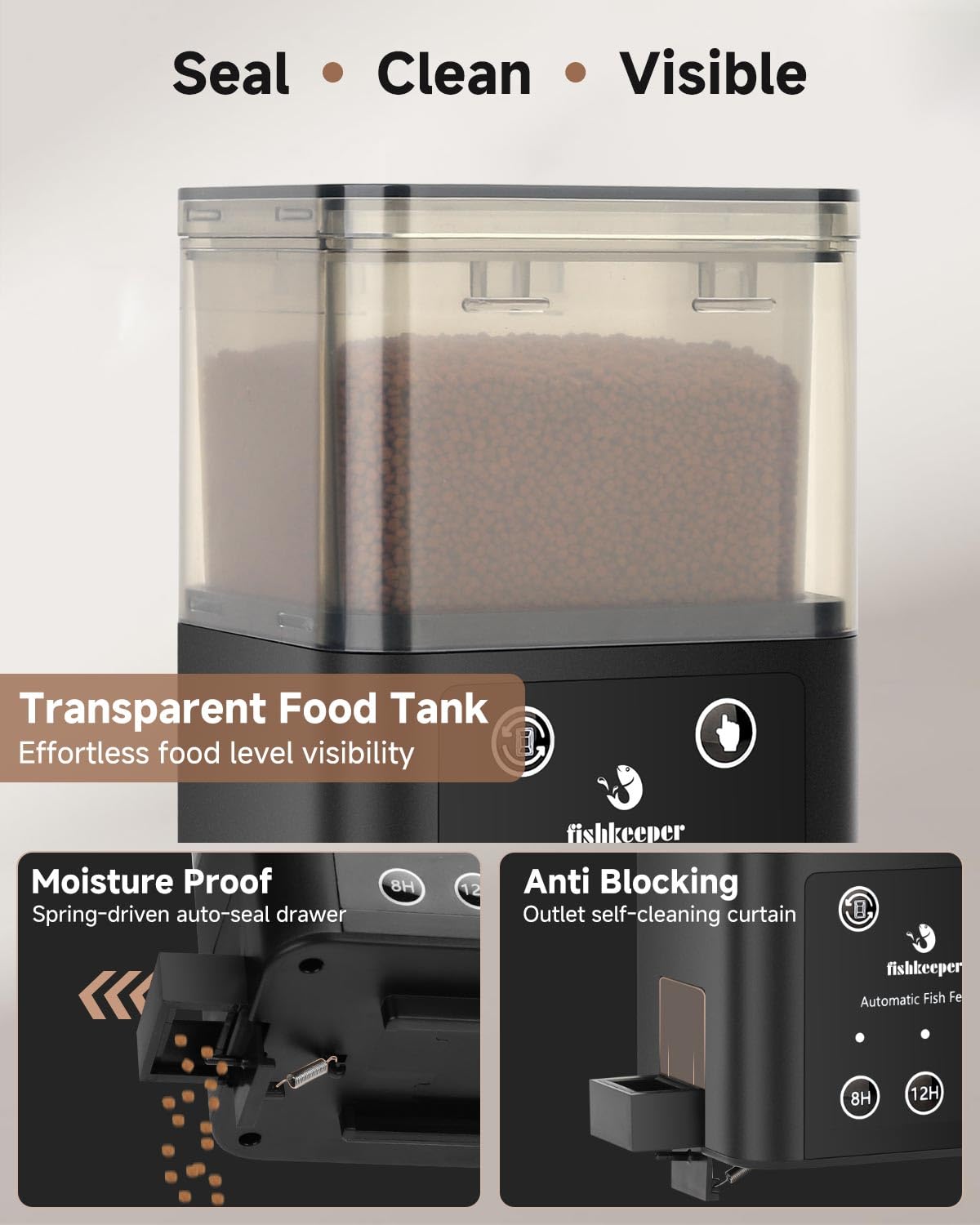 Fishkeeper feeder premium material offers quiet operation and durability.