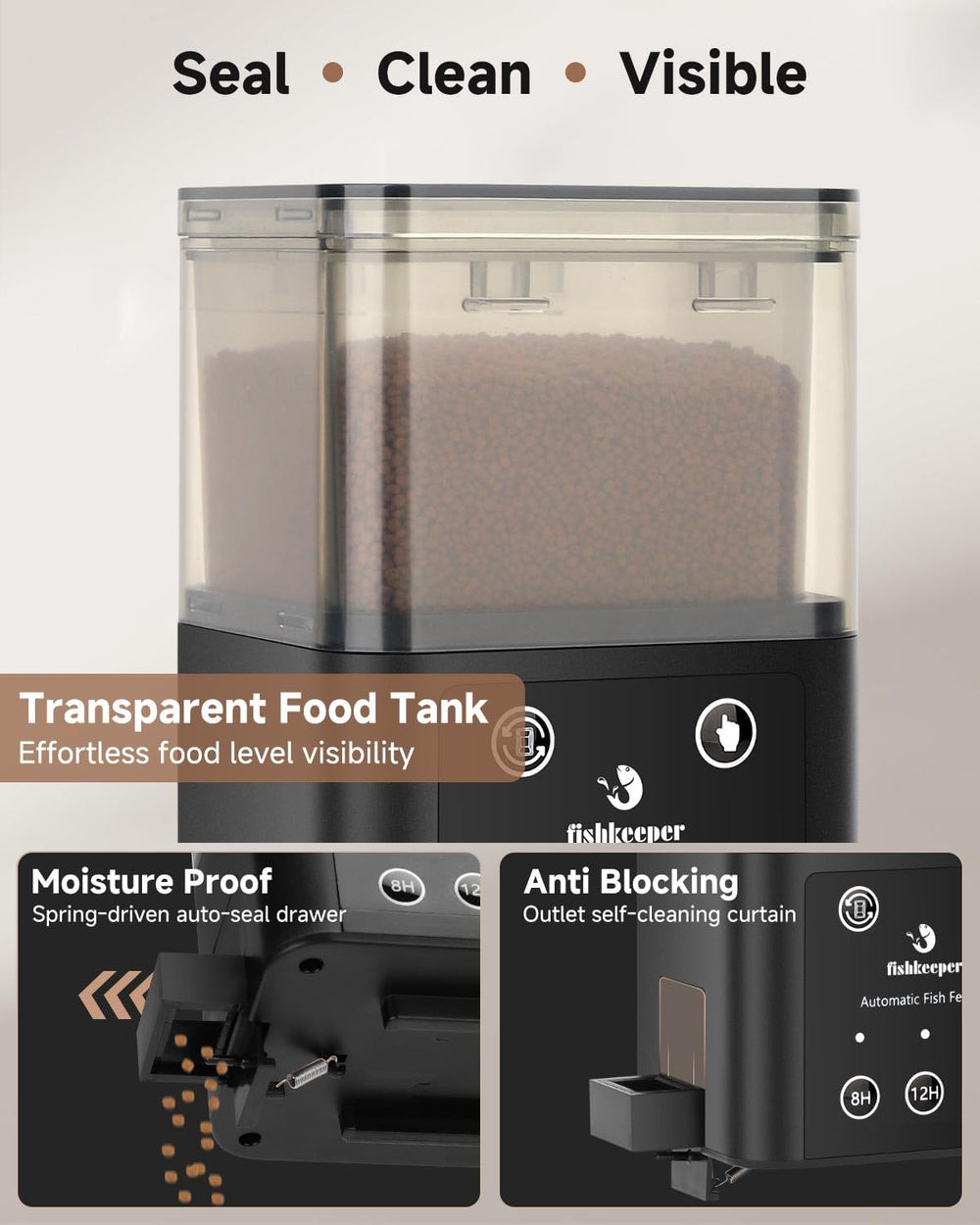 Fishkeeper feeder premium material offers quiet operation and durability.