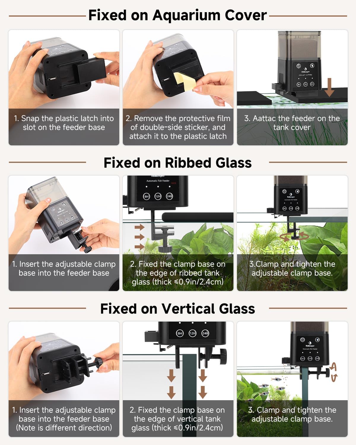 Fishkeeper feeder three fixing methods easy setup for various aquariums.