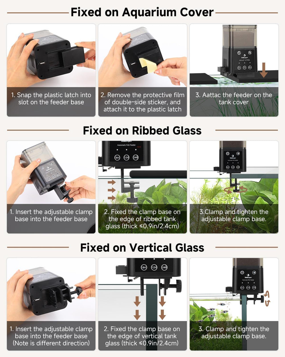 Fishkeeper feeder three fixing methods easy setup for various aquariums.