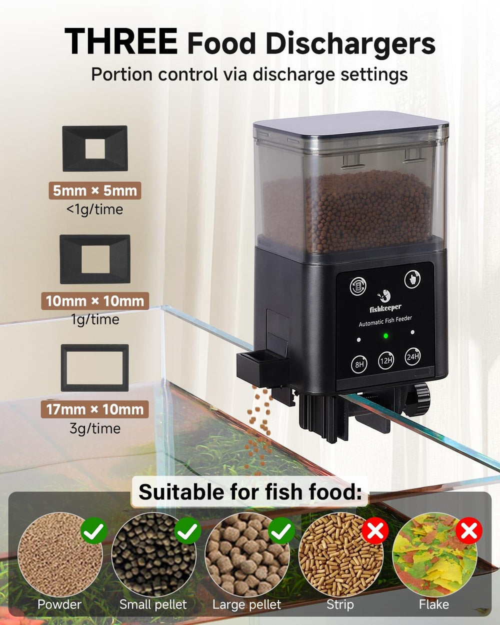 Fishkeeper automatic feeder three-size dispensers fit diverse tank setups.