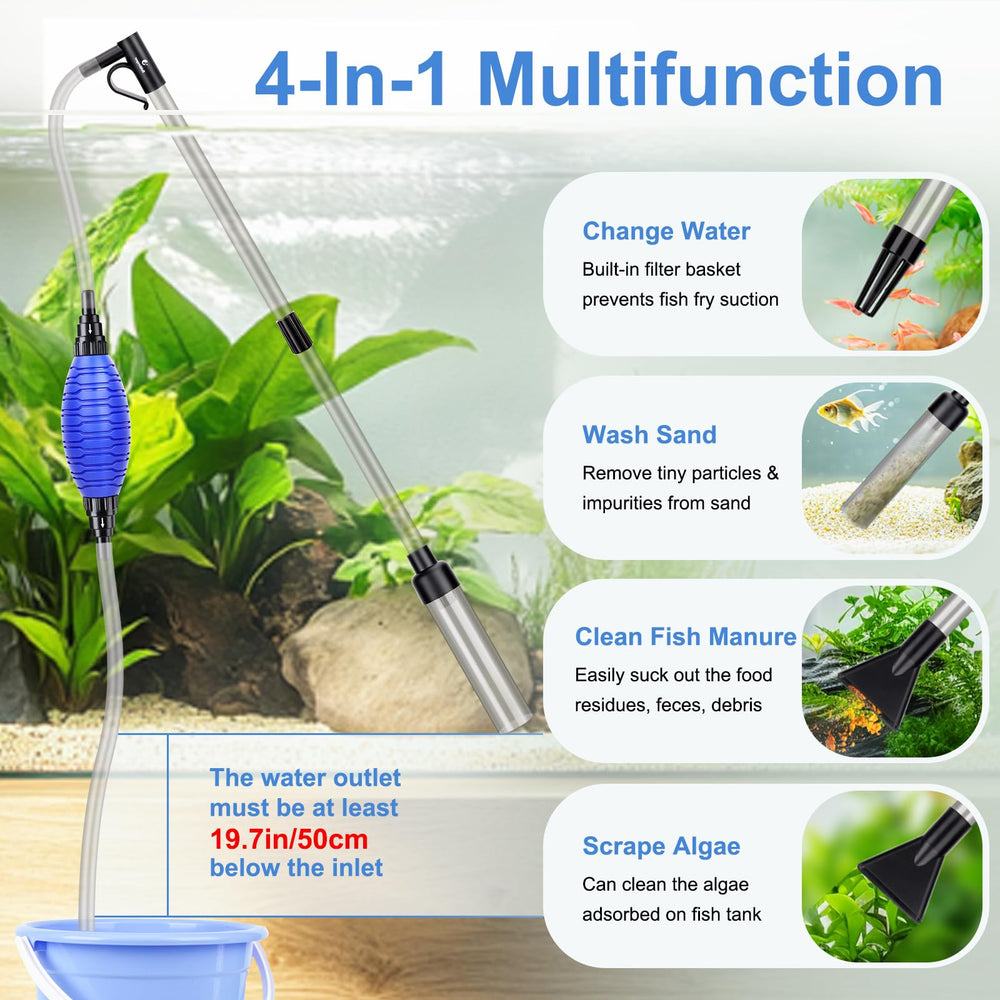 Fishkeeper gravel cleaner extension tube reaching into deep corners for thorough cleaning.