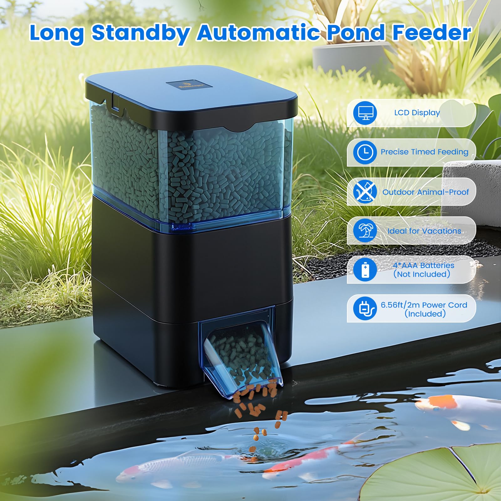 Fishkeeper pond feeder 2.8L capacity delivers precise portions for timed meals.