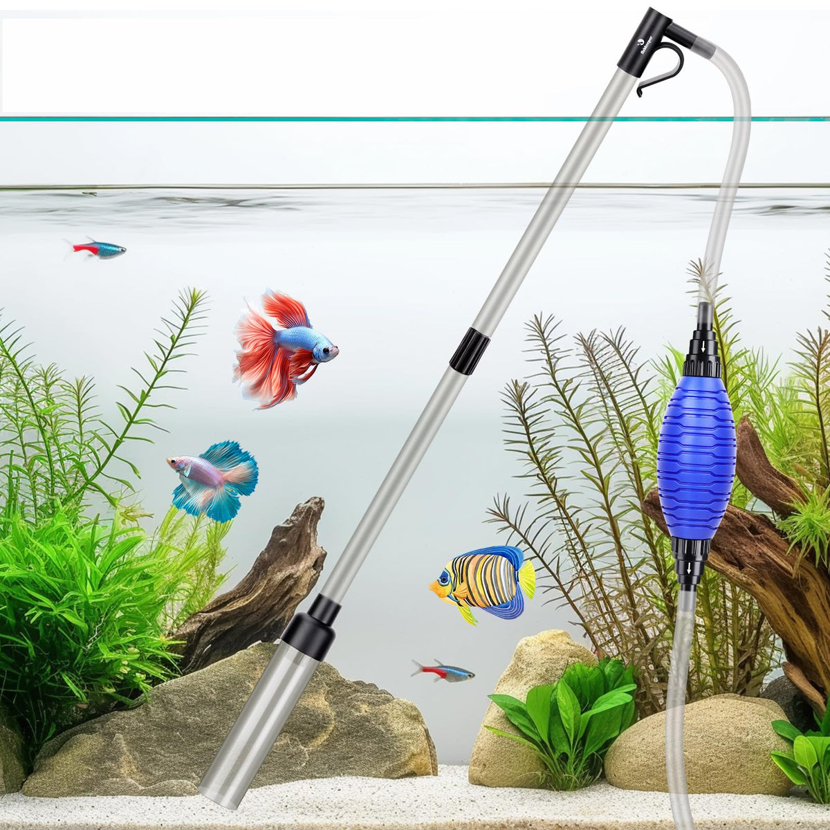 Fishkeeper quick aquarium siphon pump in action shows strong suction for fast water changes.