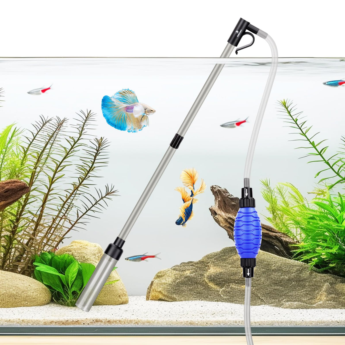 Fishkeeper quick aquarium siphon pump enables quick water changes and debris removal.