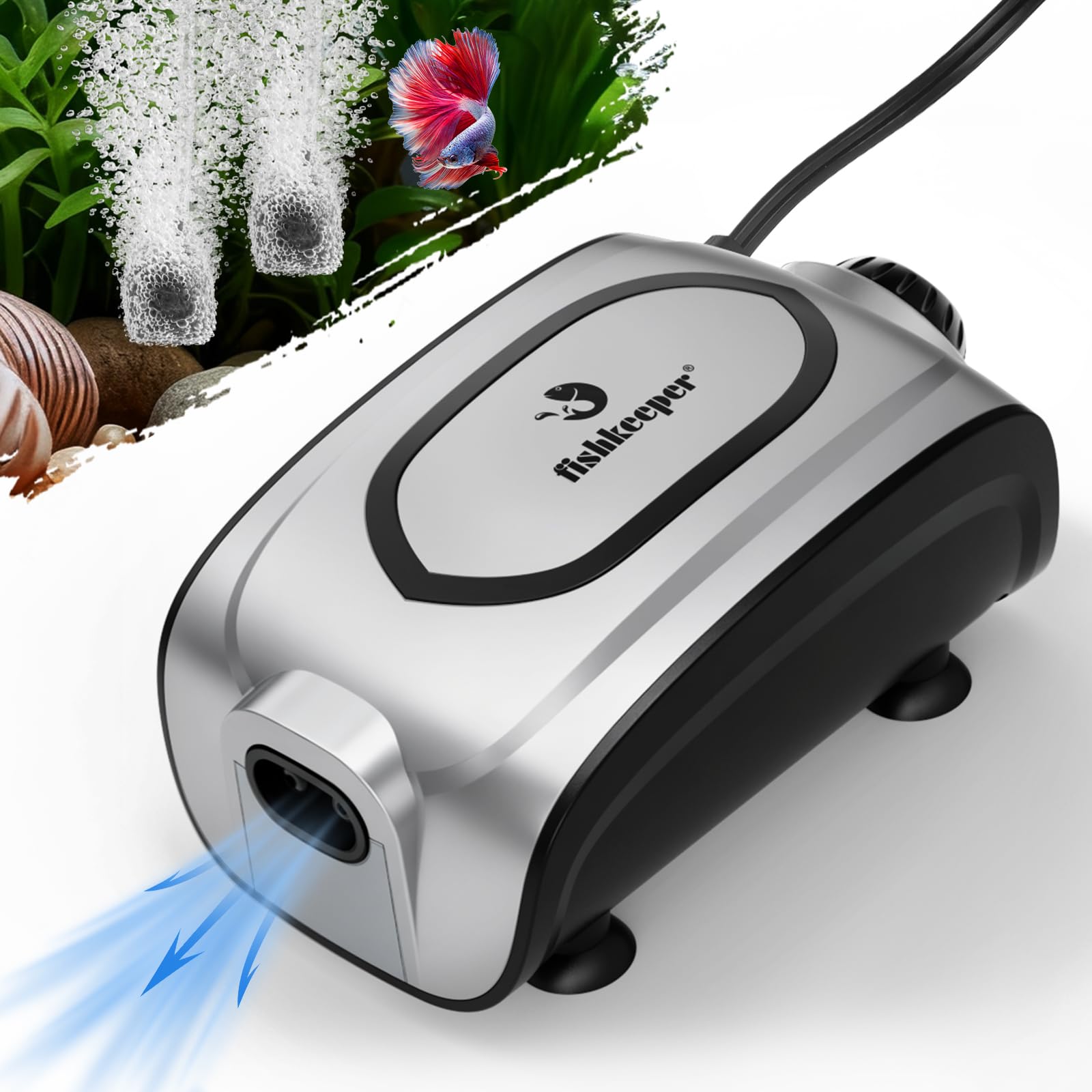 Fishkeeper Quiet 3W/5W air pump with dual outlets for flexible tank aeration.