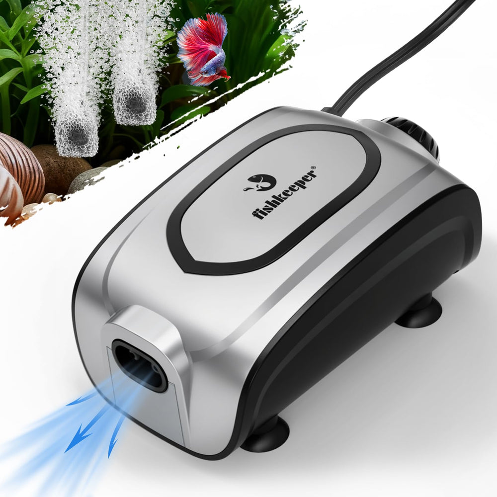 Fishkeeper Quiet 3W/5W air pump with dual outlets for flexible tank aeration.