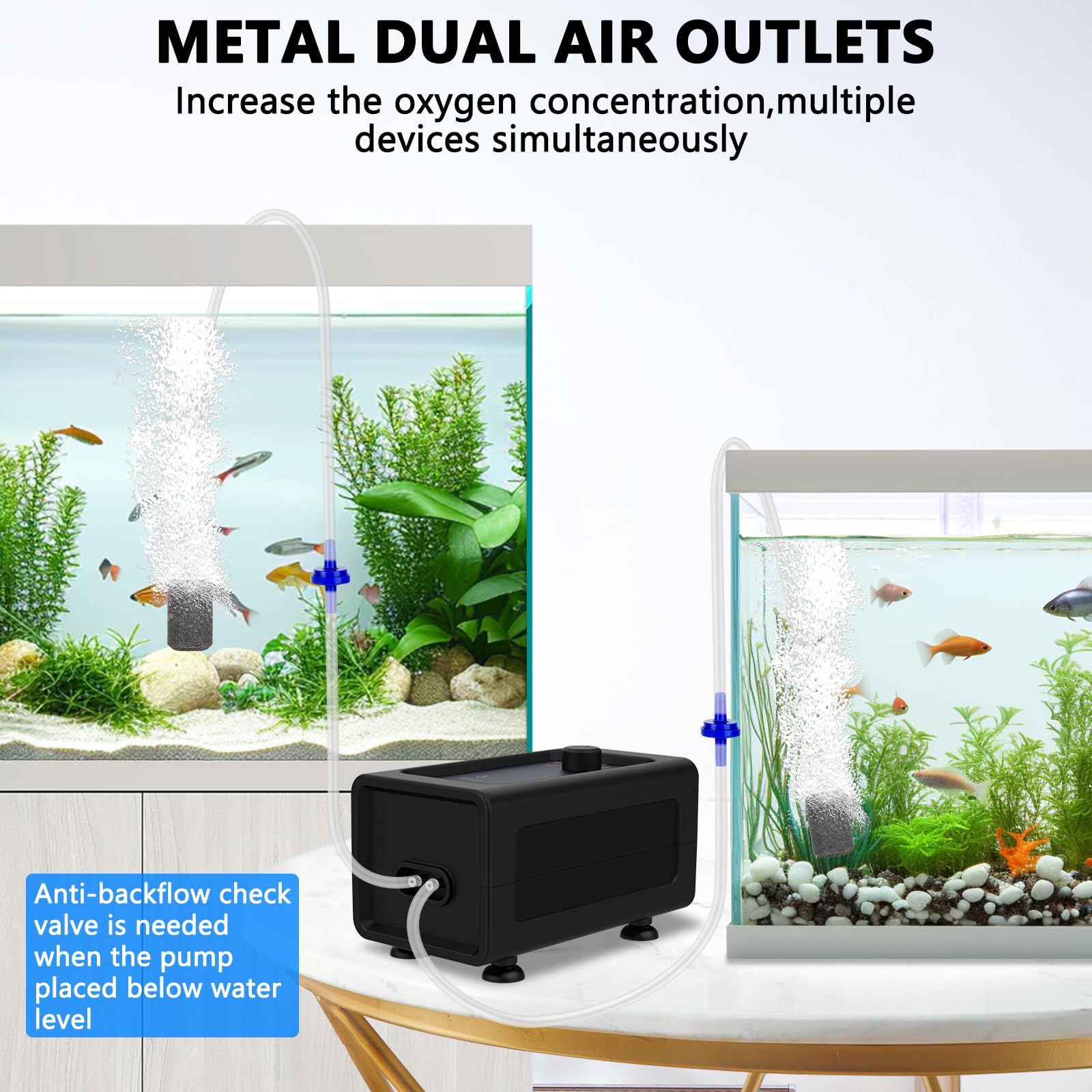Fishkeeper quiet air pump with enclosed casing for near-silent operation.