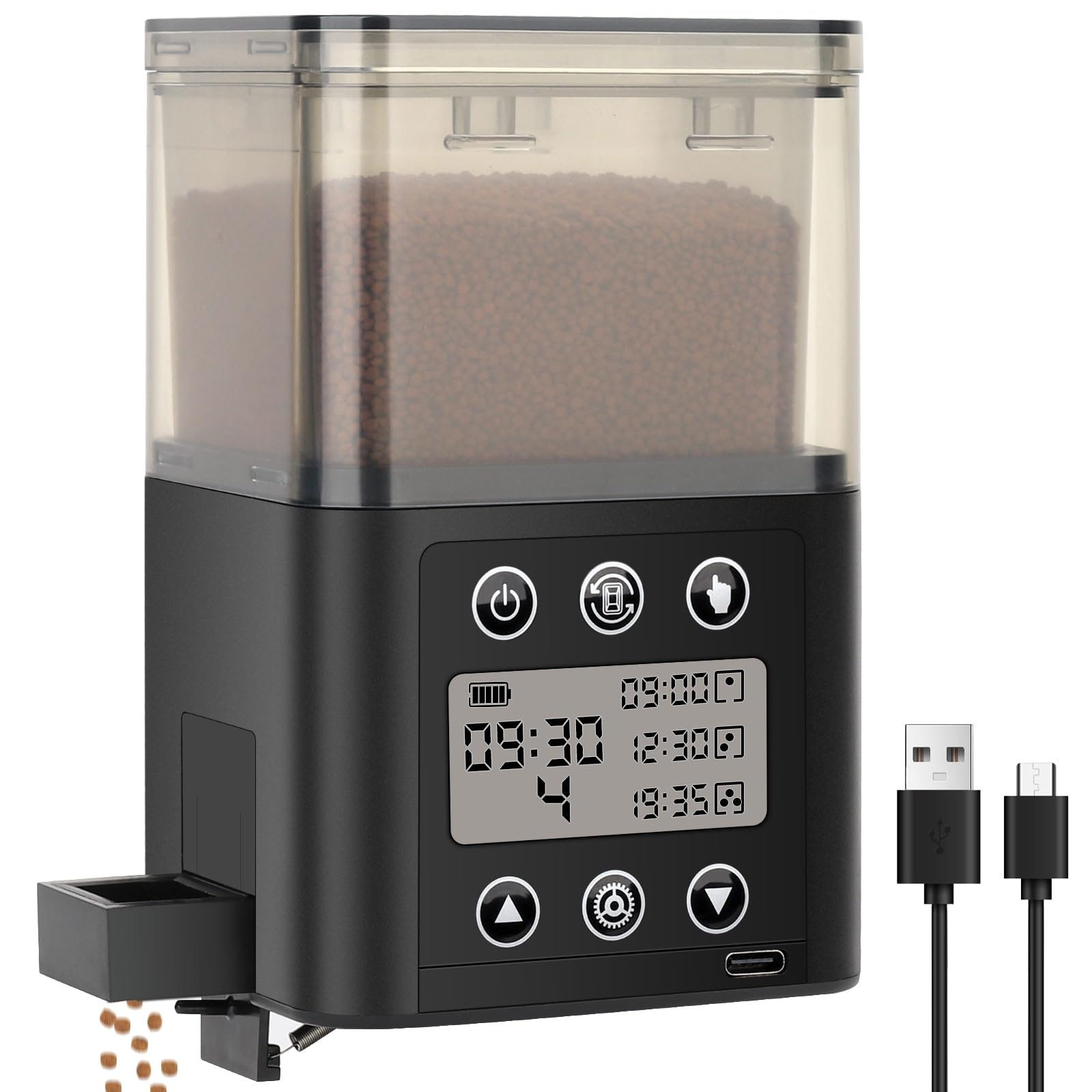 Fishkeeper smart fish feeder LCD display enables precise feeding schedules for your aquarium.