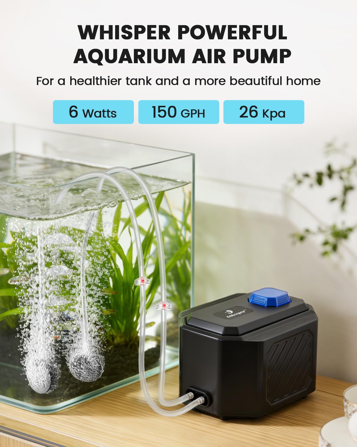 fishkeeper ultra-quiet air pump top view delivering peaceful operation