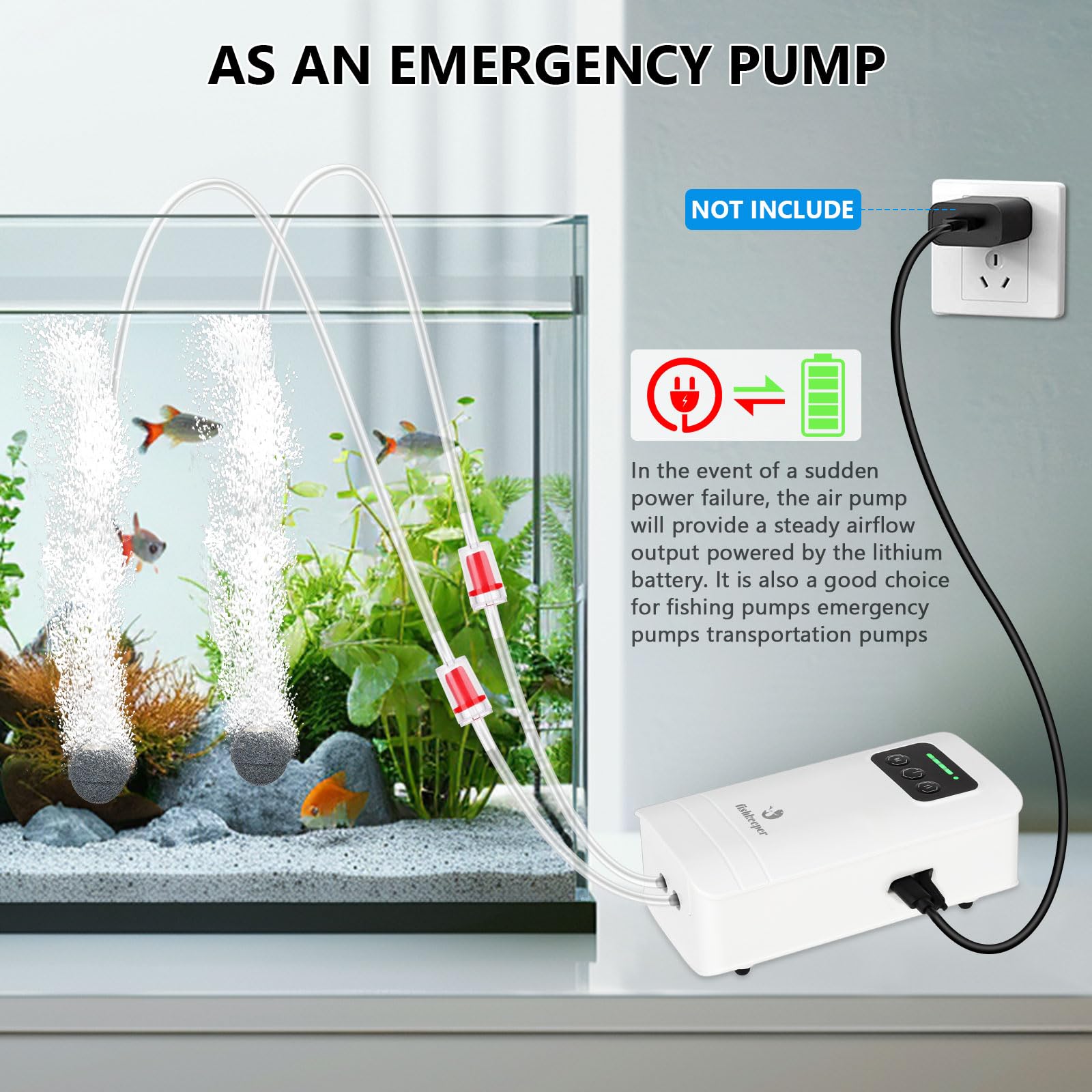 Fishkeeper USB-rechargeable aquarium air pump, side panel view for easy access during emergencies.