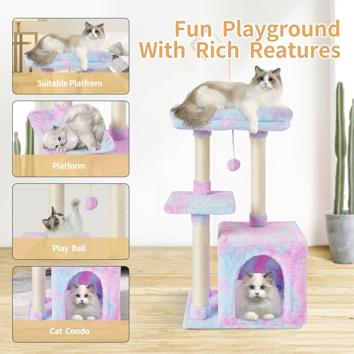 FISH&NAP cat tree includes a toy ball for interactive play and enrichment.