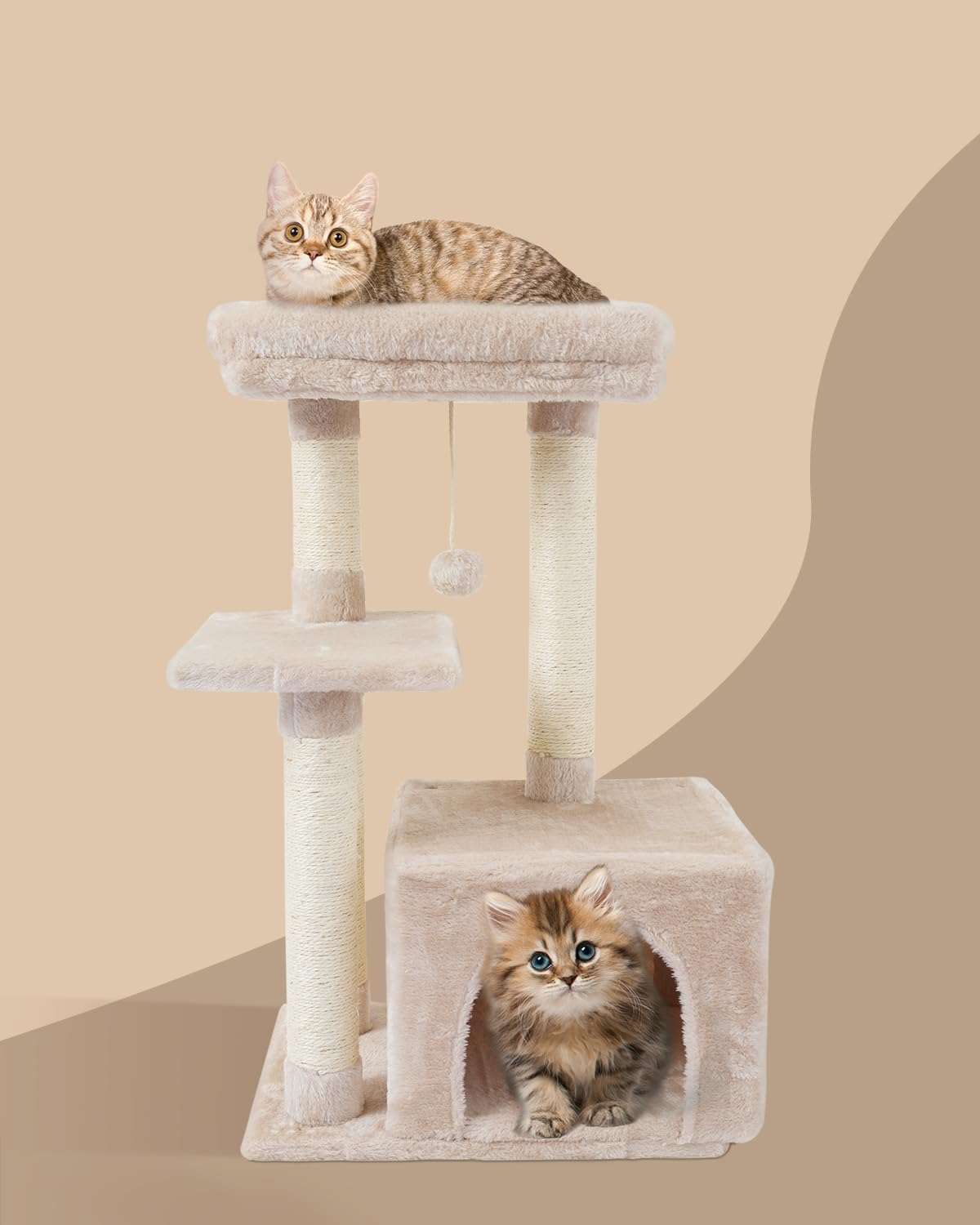 FISH&NAP cat tree condo and levels in beige offer secure perch for kittens.
