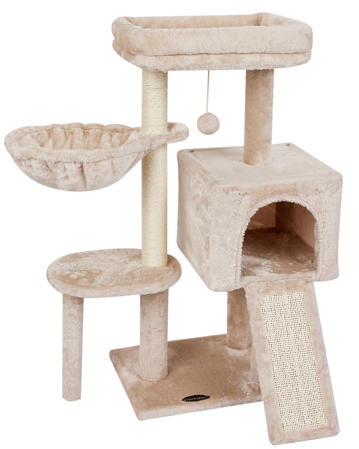 Fishnap cute cat tree indoor condo in beige offers cozy perches for lounging.