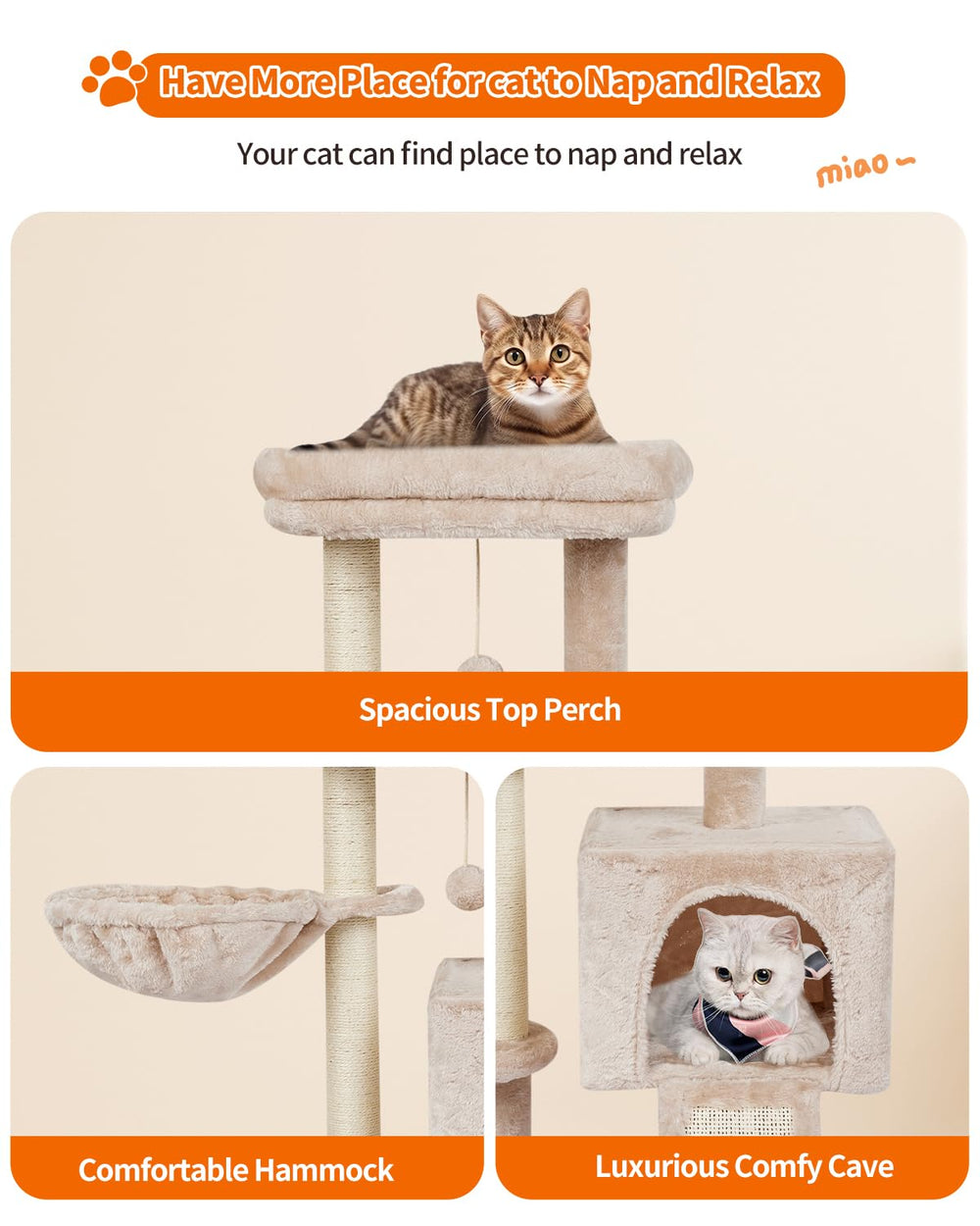 Fishnap sturdy wood base keeps the cat tree stable during jumping and climbing.