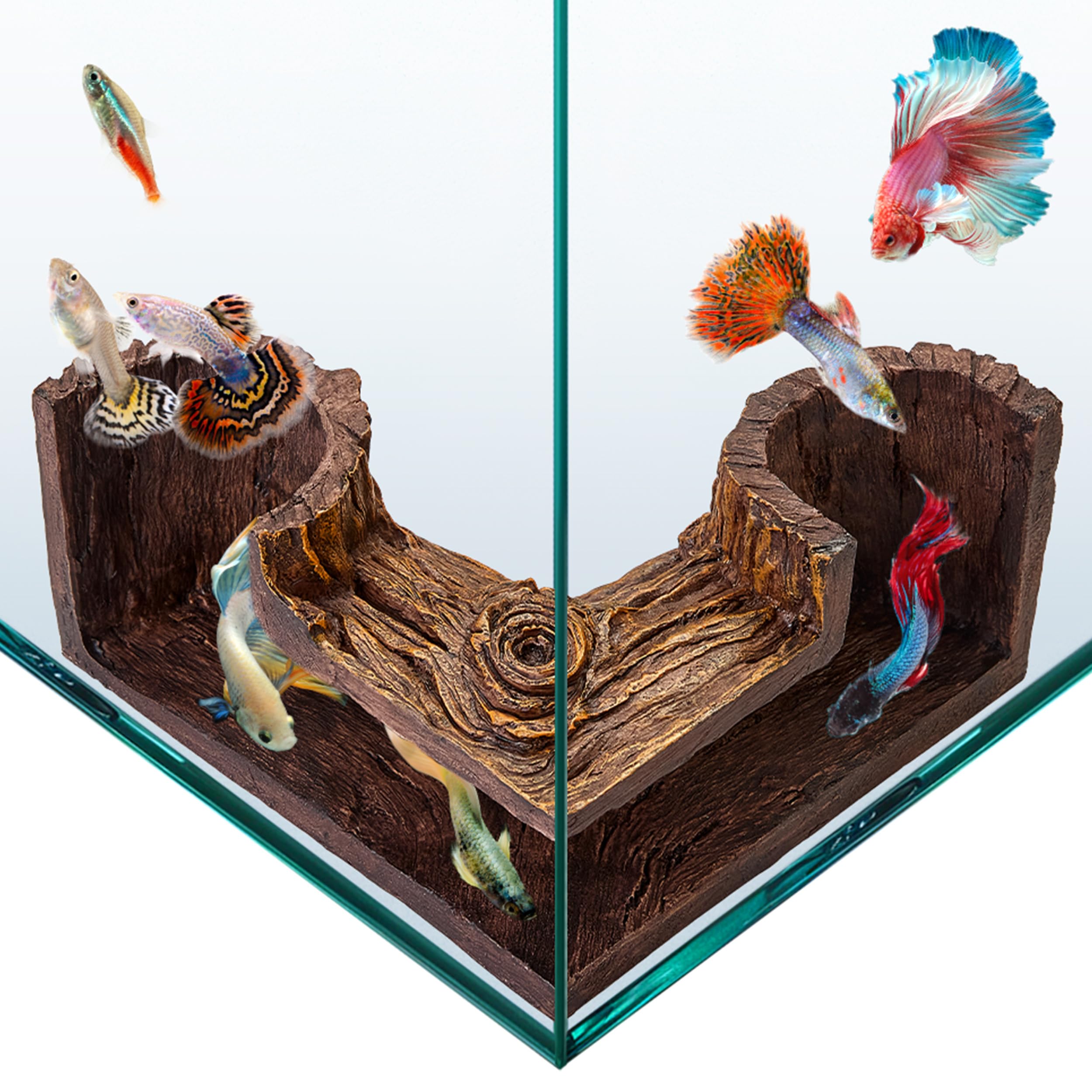 FISHNOSH Aquarium Cave front view shows driftwood-look hideout for natural tank enrichment