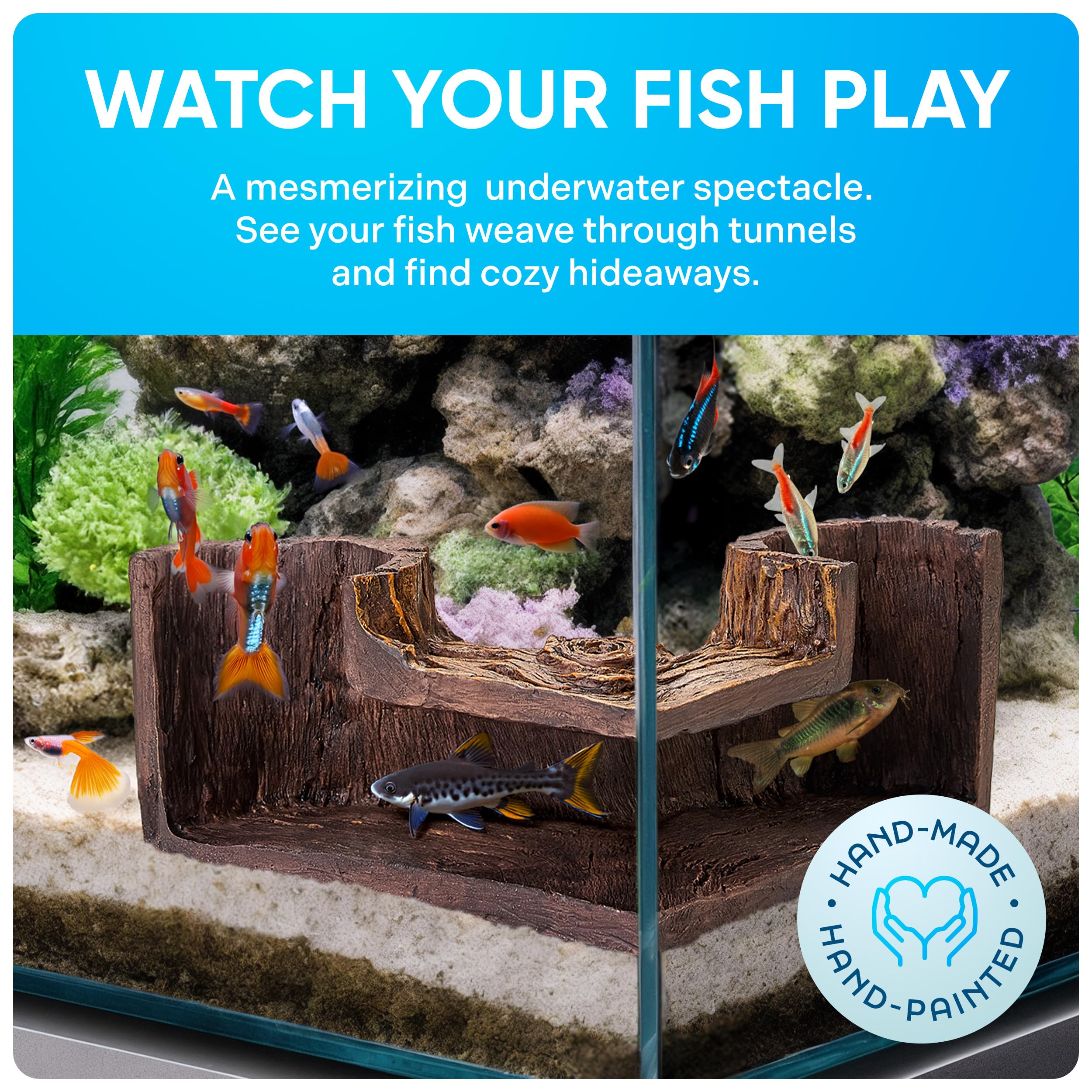 FISHNOSH Aquarium Cave closeup reveals textured wood-like surface for natural charm
