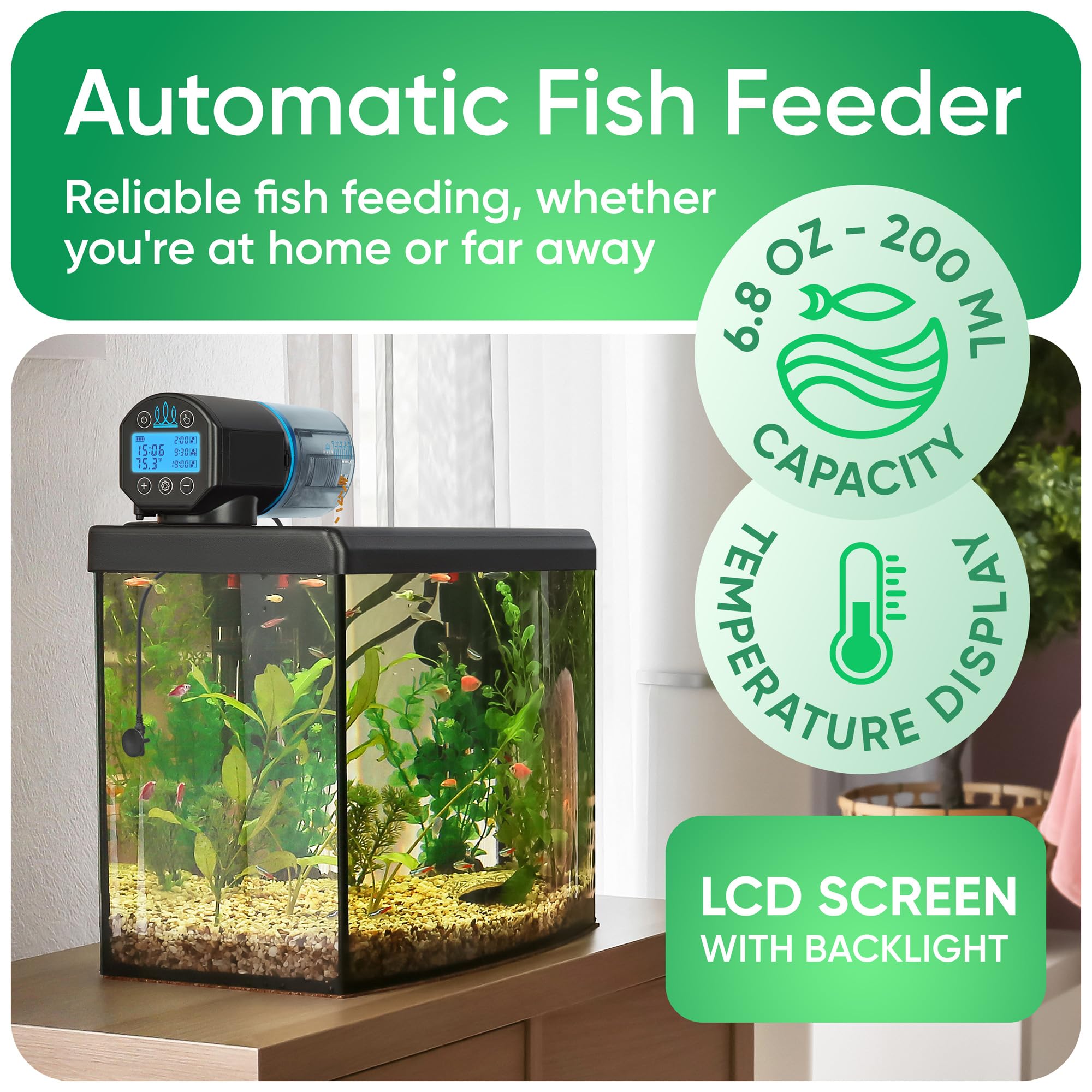 FISHNOSH feeder with digital thermometer display for temperature visibility and control