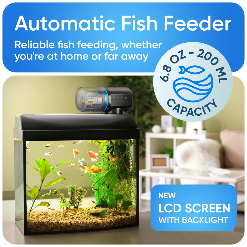 FishNosh automatic feeder timer display, precise schedules
