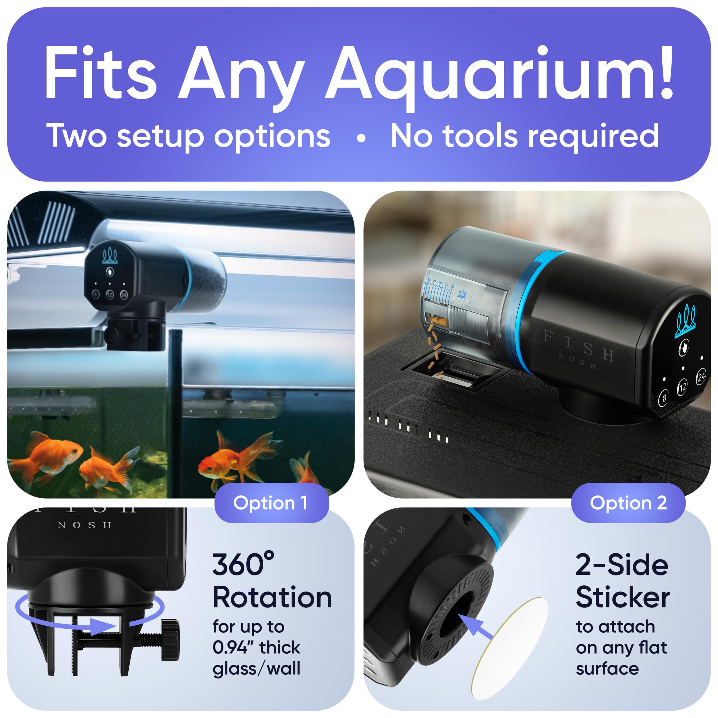 Fishnosh fits small to large tanks, adapting to different fish foods