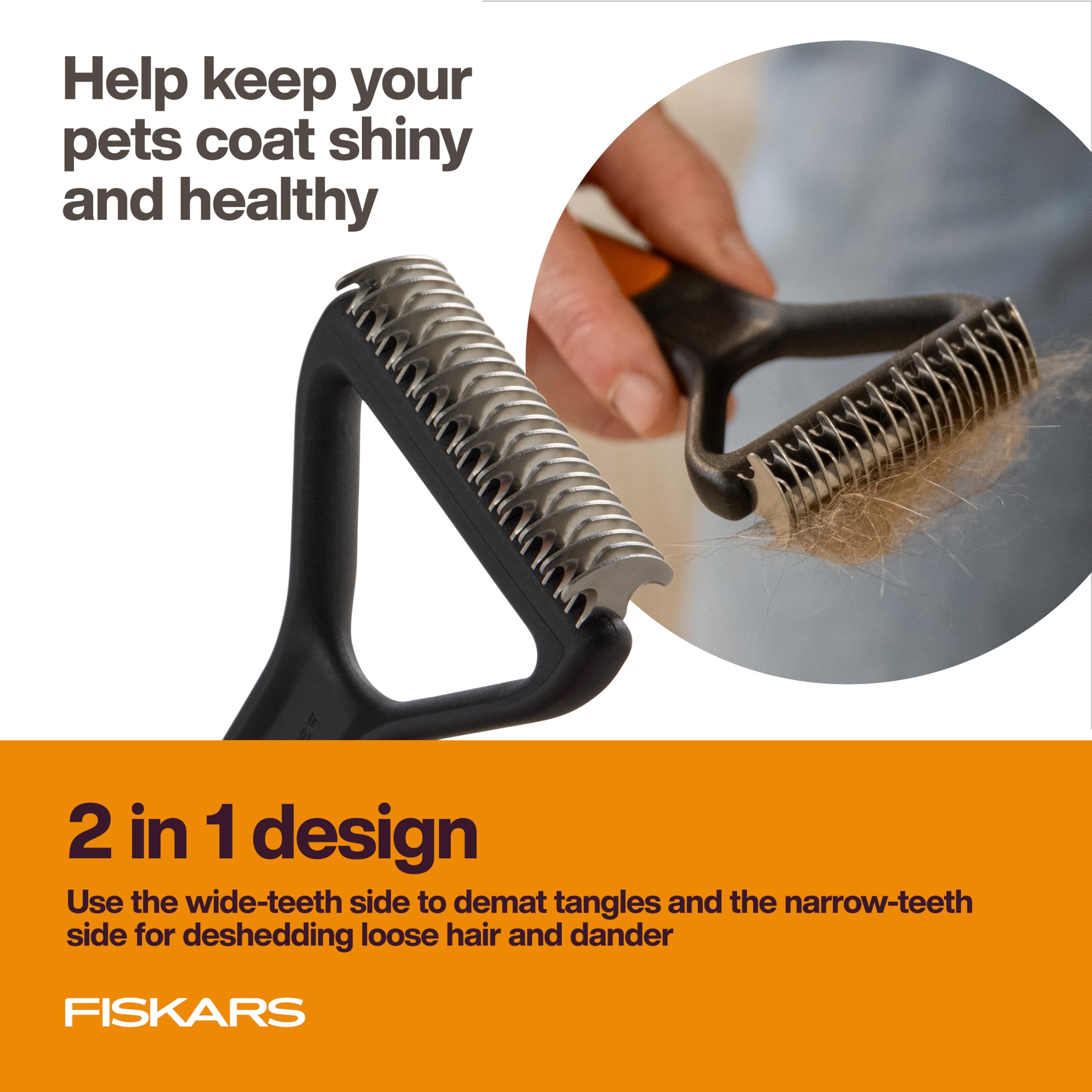 Fiskars Dematting Rake teeth close-up showing detangling capacity.