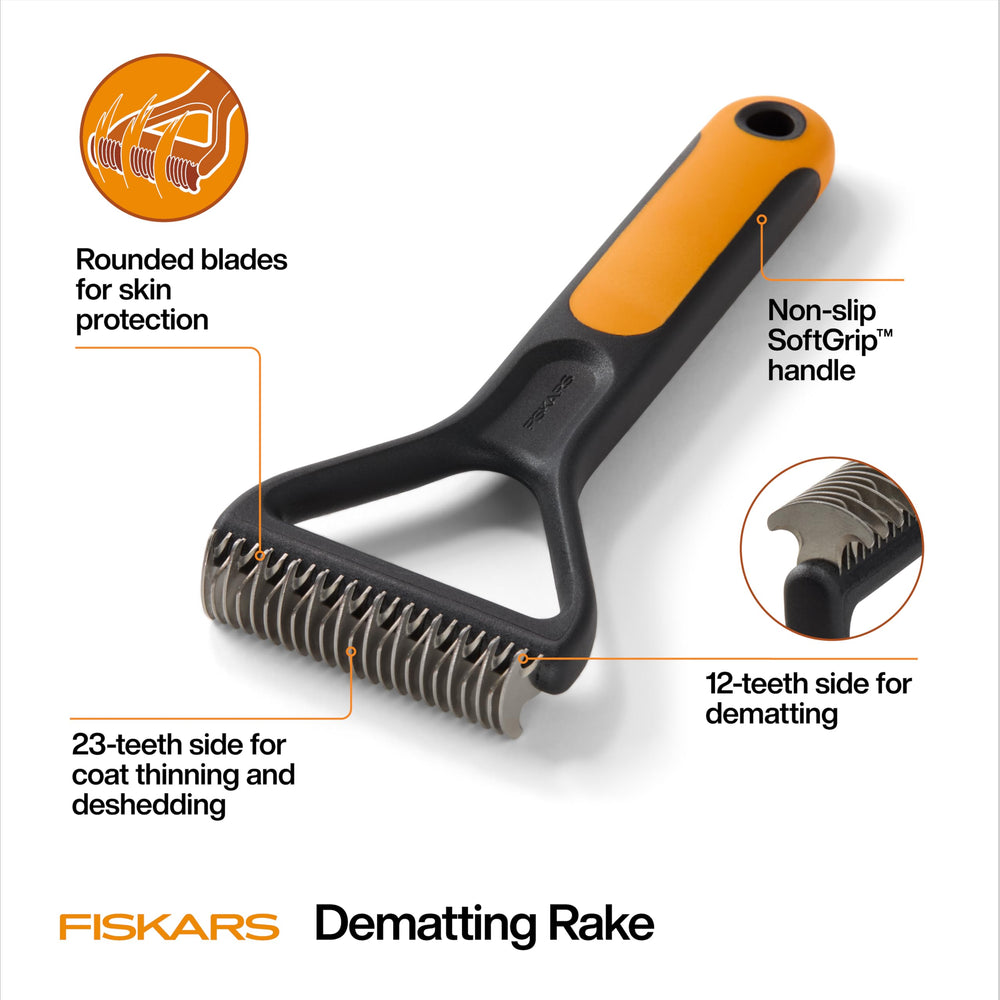 Fiskars Pet Dematting Rake side view highlighting the softgrip handle.