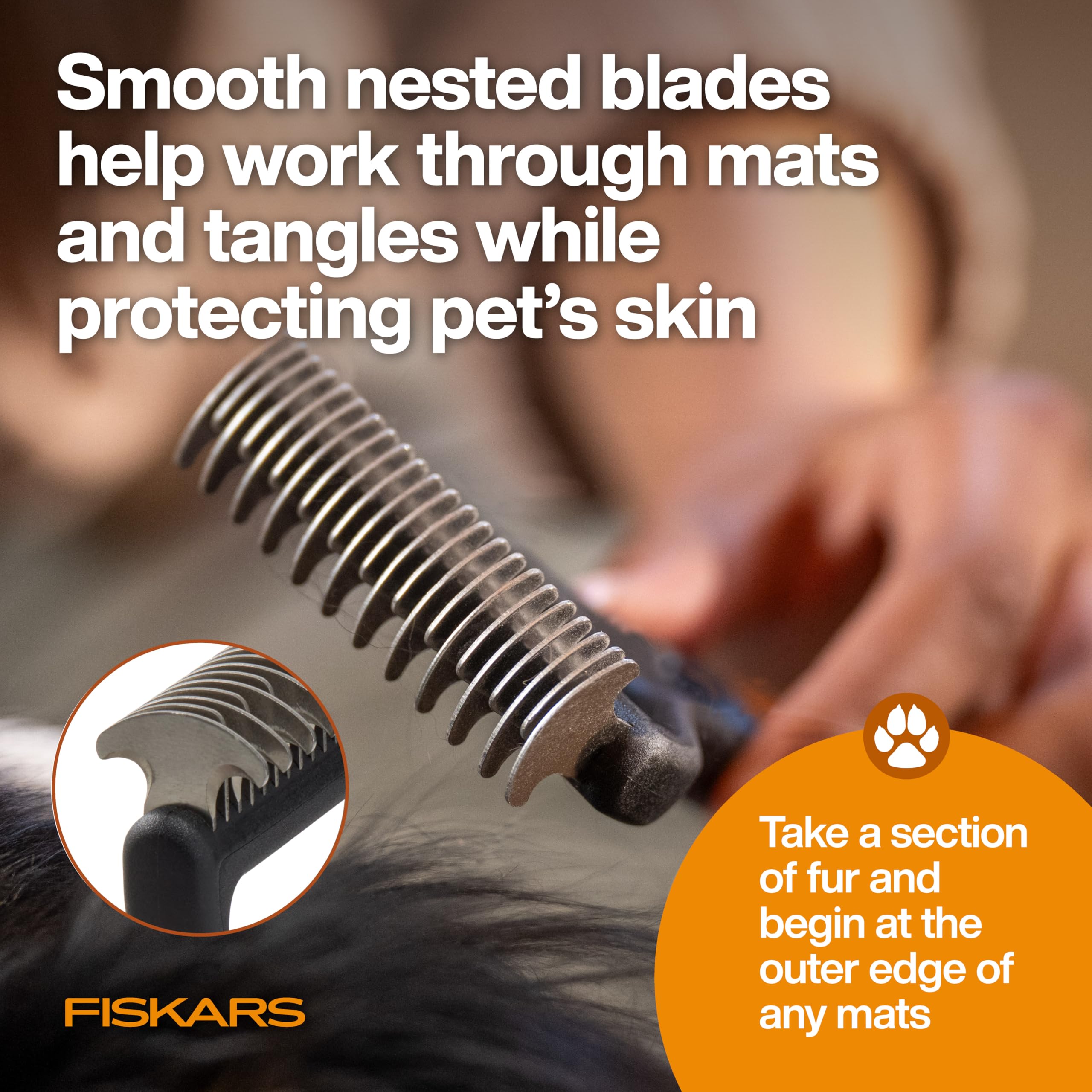 Fiskars Pet Dematting Rake close-up of comfortable SoftGrip grip.
