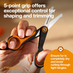 Fiskars pet grooming scissors close-up blades ready for detailed work.