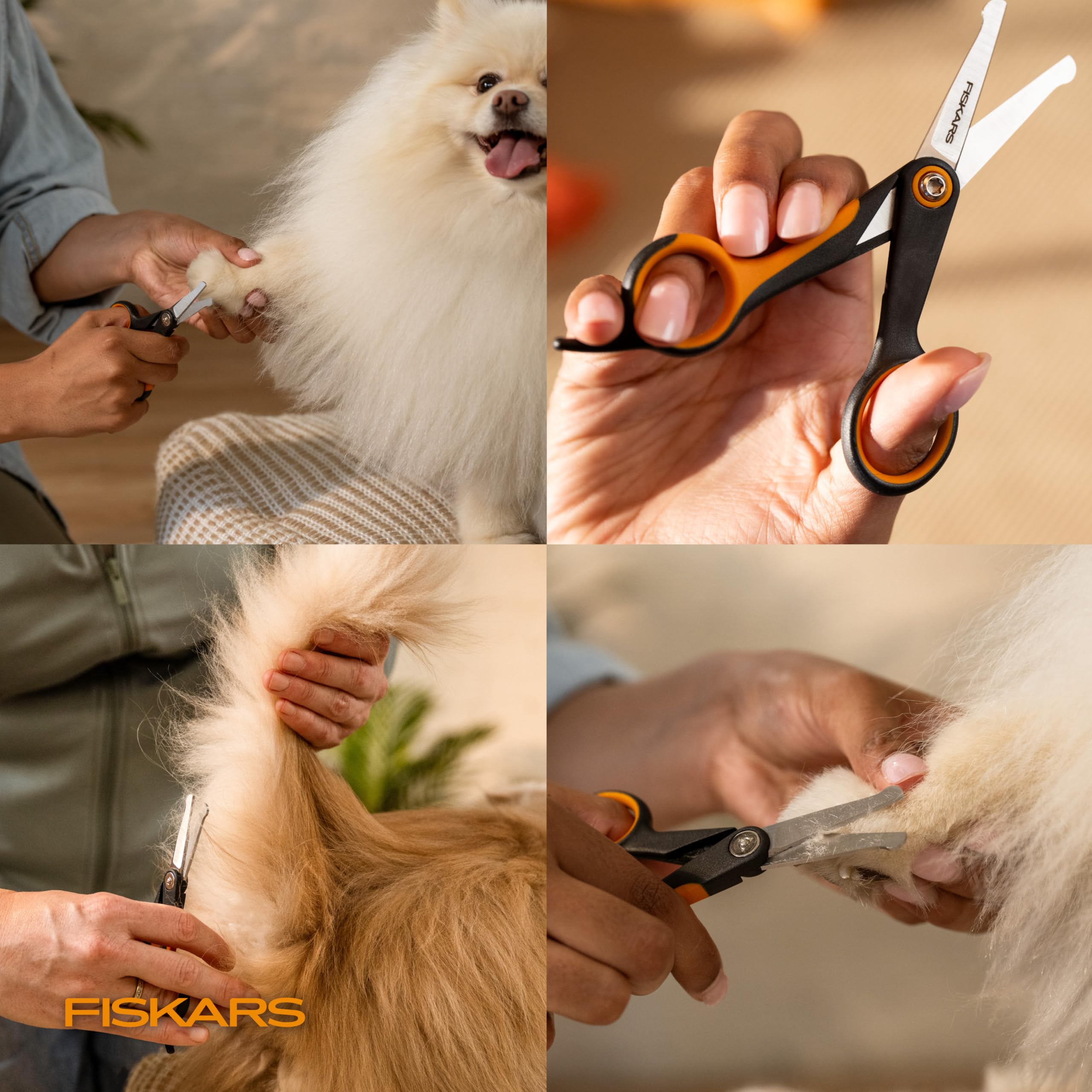 Fiskars orange-black design stands out in pet grooming routines.