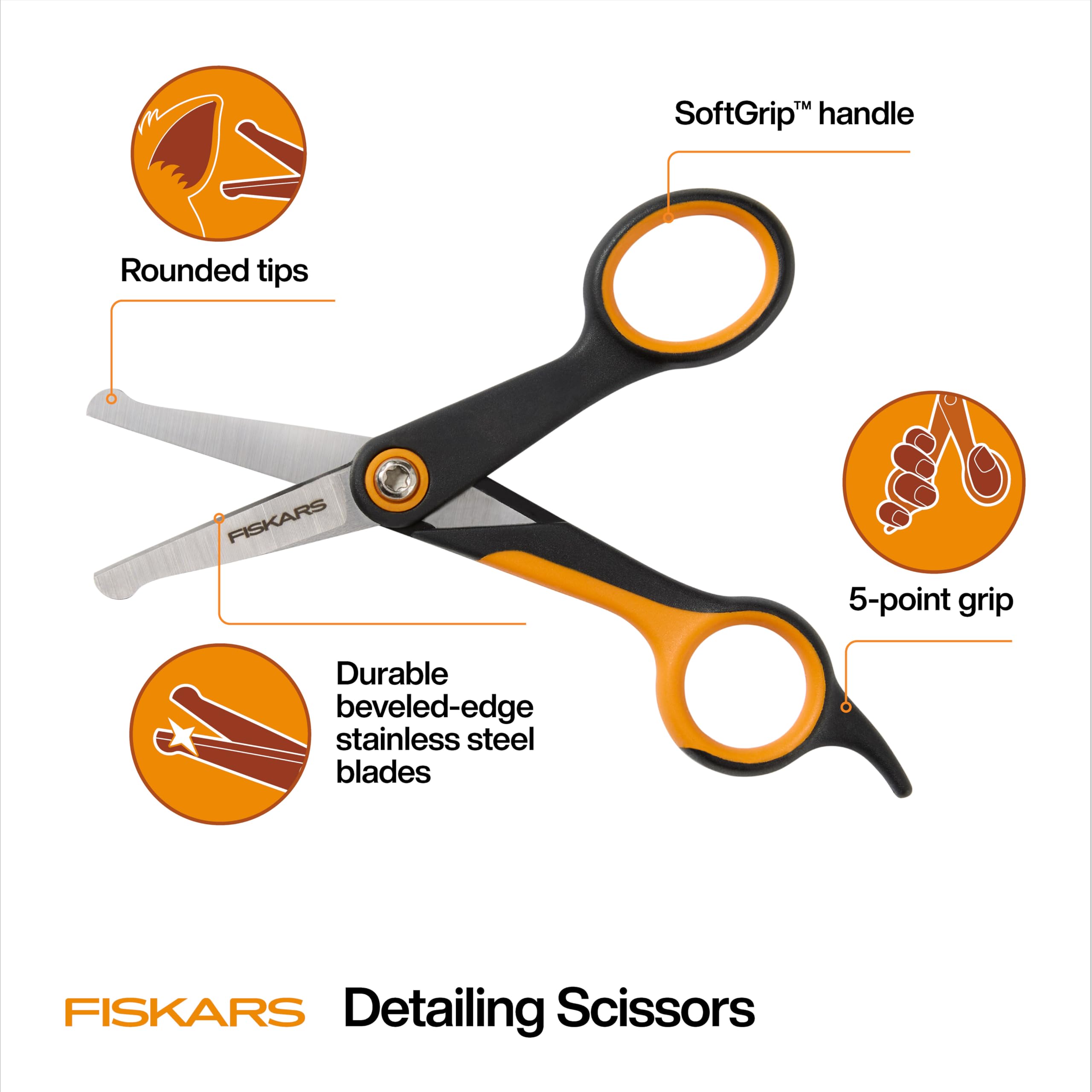 Fiskars pet grooming scissors with beveled-edge blades for lasting sharpness.
