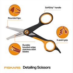 Fiskars pet grooming scissors with beveled-edge blades for lasting sharpness.