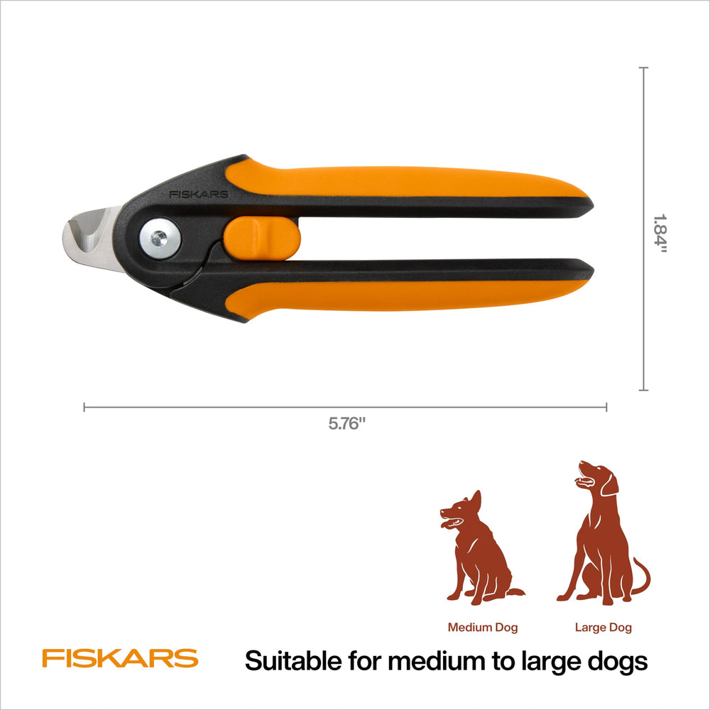 Fiskars Pet Large Nail Clippers semi-circular blade design provides clear visibility.