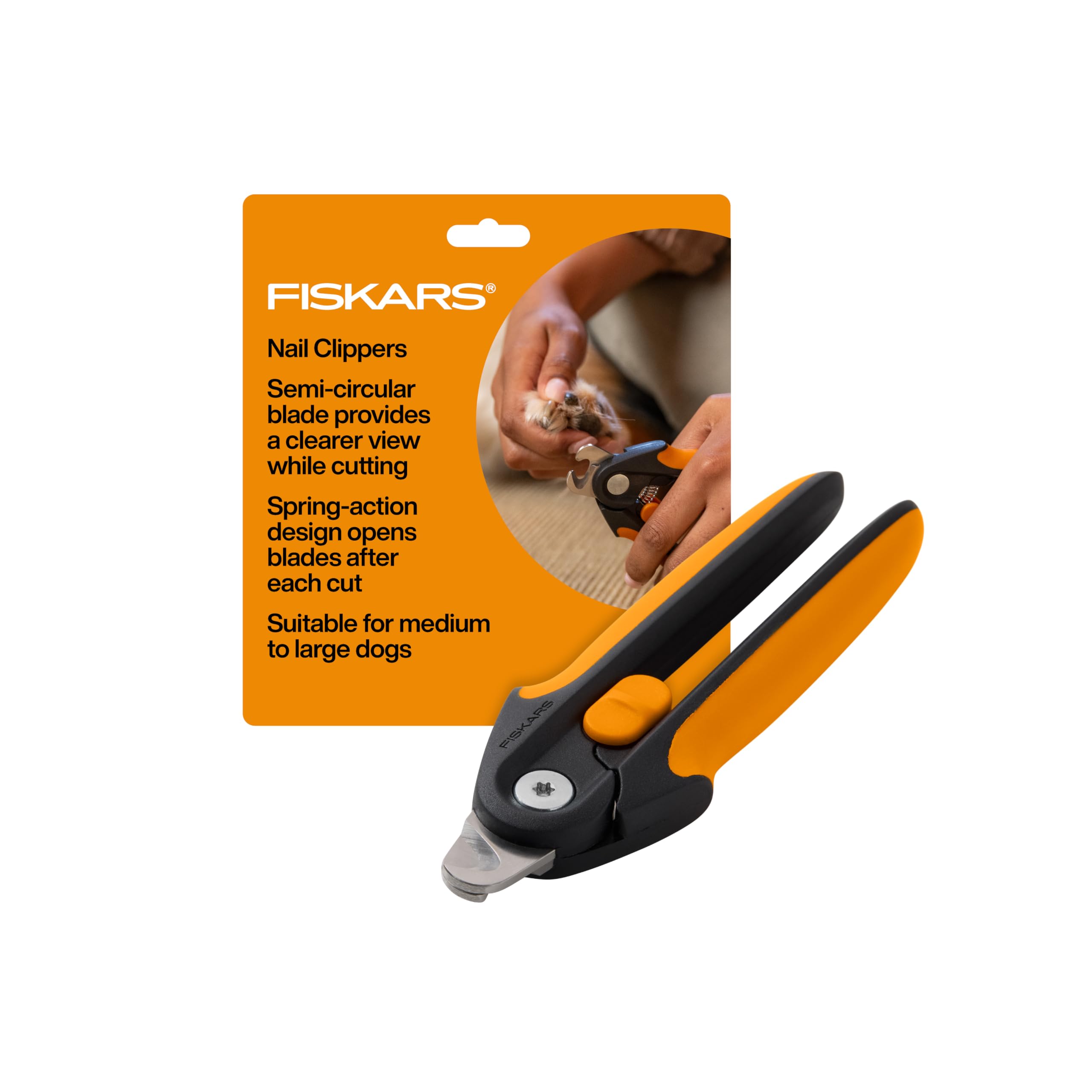 Fiskars Pet Large Nail Clippers with semi-circular blade for precise trims.