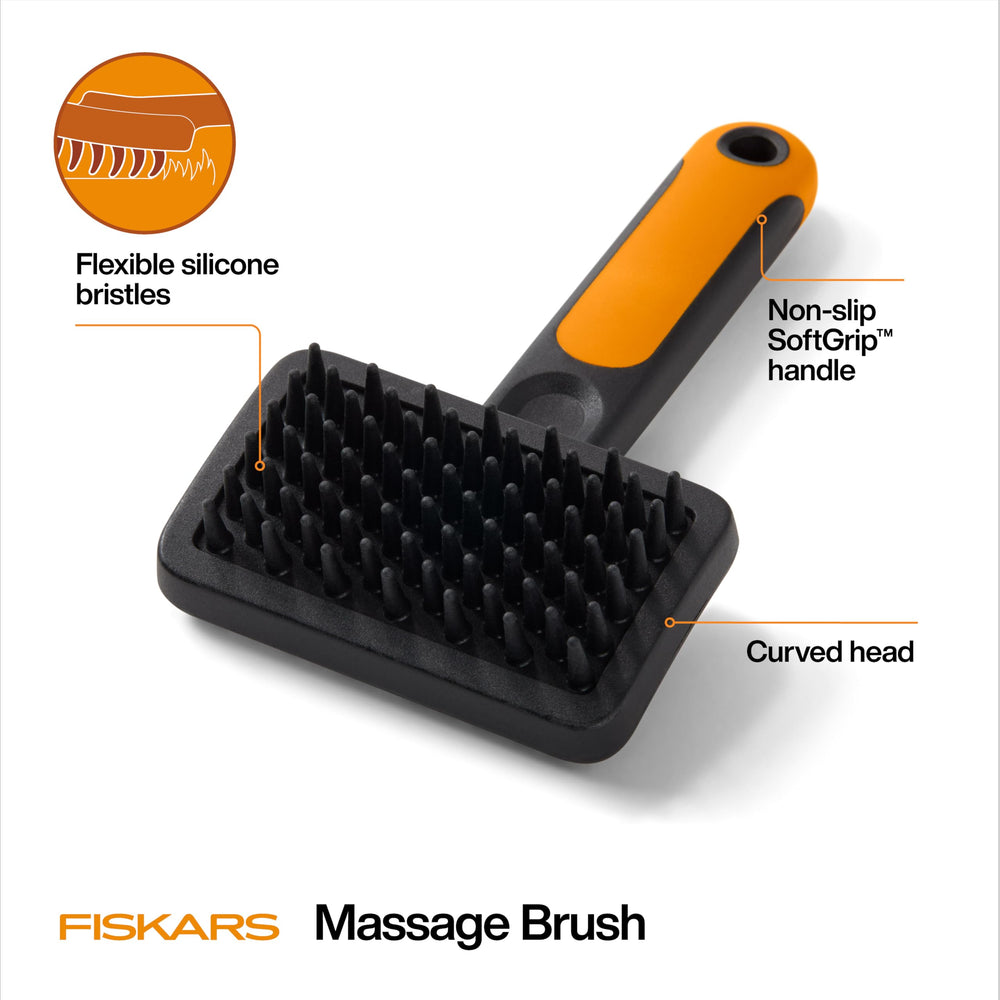 Fiskars Pet Massage Brush silicone bristles gently detangle coats.