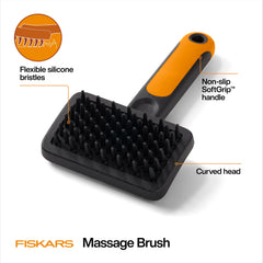 Fiskars Pet Massage Brush silicone bristles gently detangle coats.