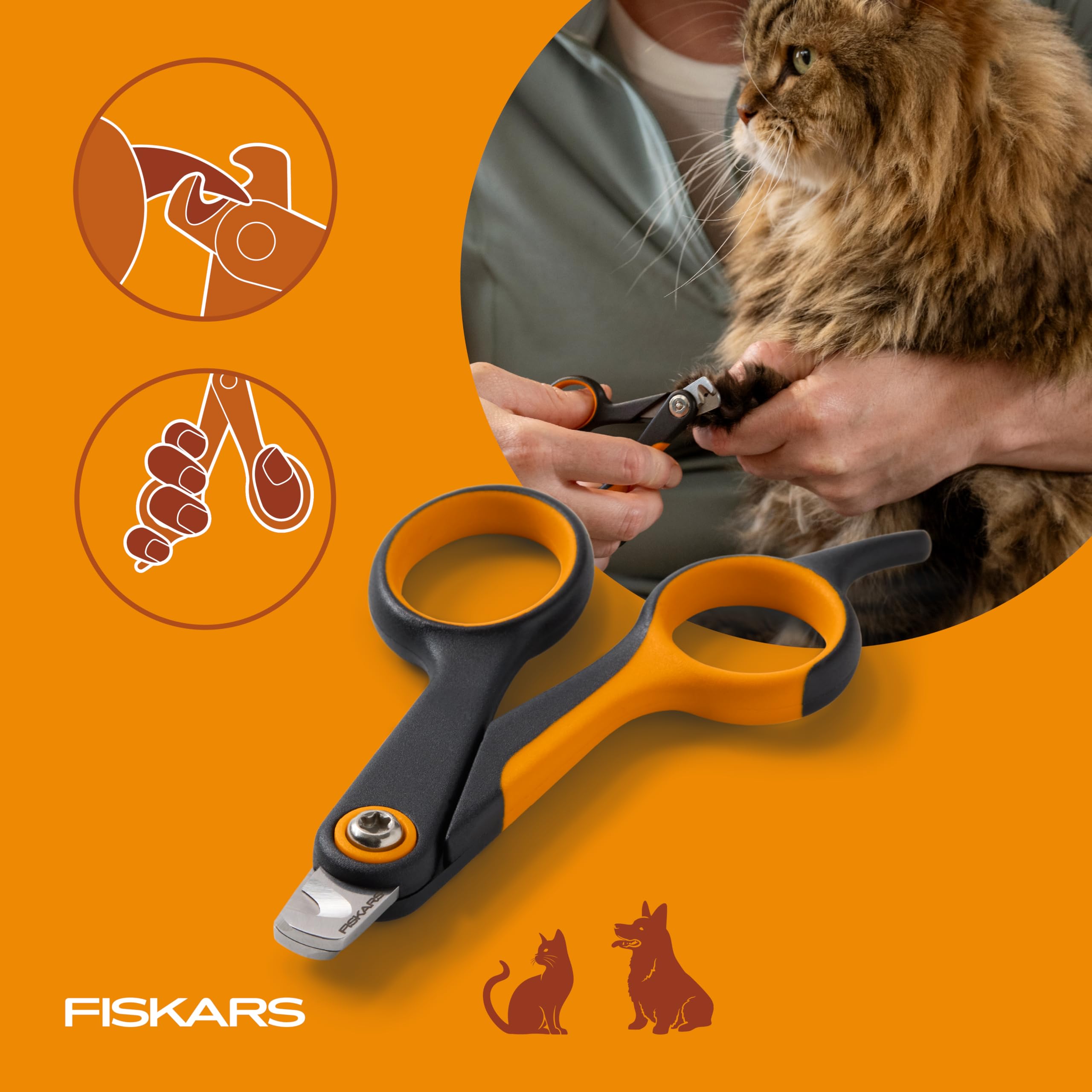 Fiskars orange and black pet nail clippers ready for daily grooming.