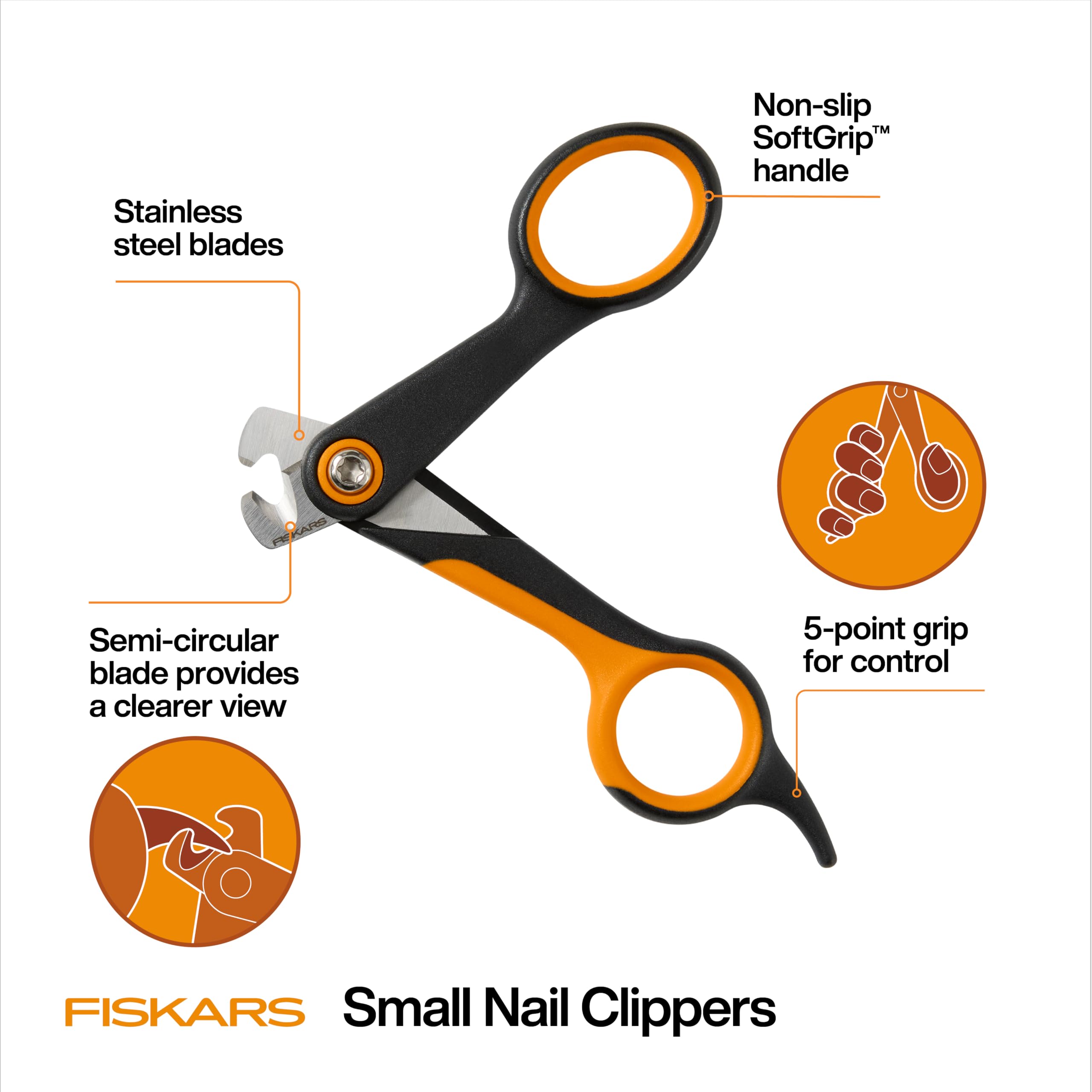 Fiskars small-pet nail clippers with SoftGrip handle for comfortable grooming.