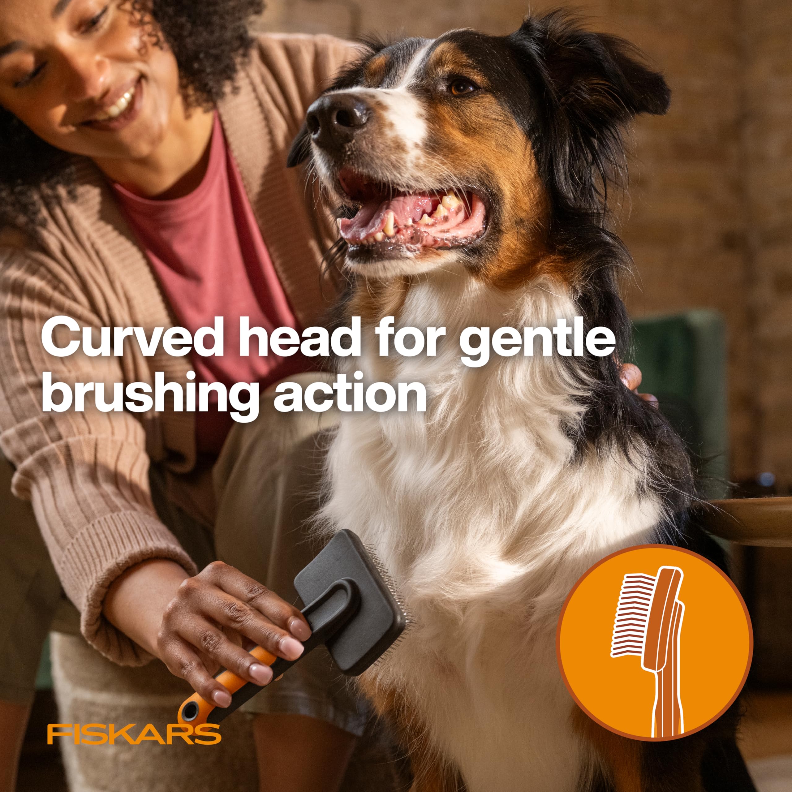 Fiskars Pet Slicker Brush used on dogs after outdoor play for shedding control
