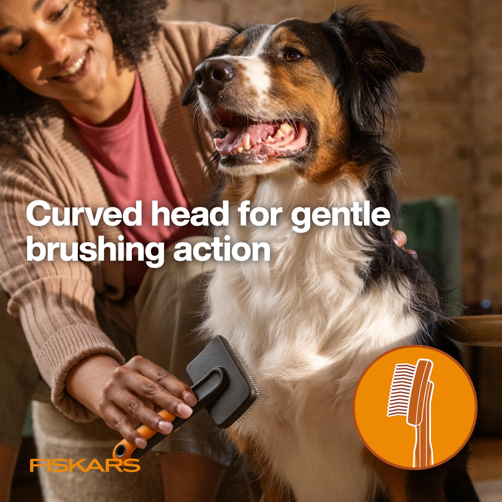 Fiskars Pet Slicker Brush used on dogs after outdoor play for shedding control