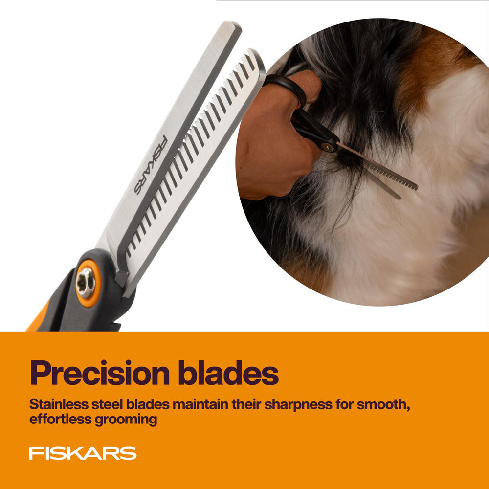 Fiskars SoftGrip handle offers comfort and precise control during grooming.
