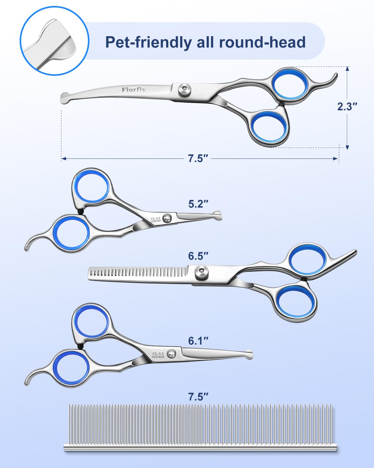 Fiurfiy curved scissor for smooth fur trimming and tidy finishing.