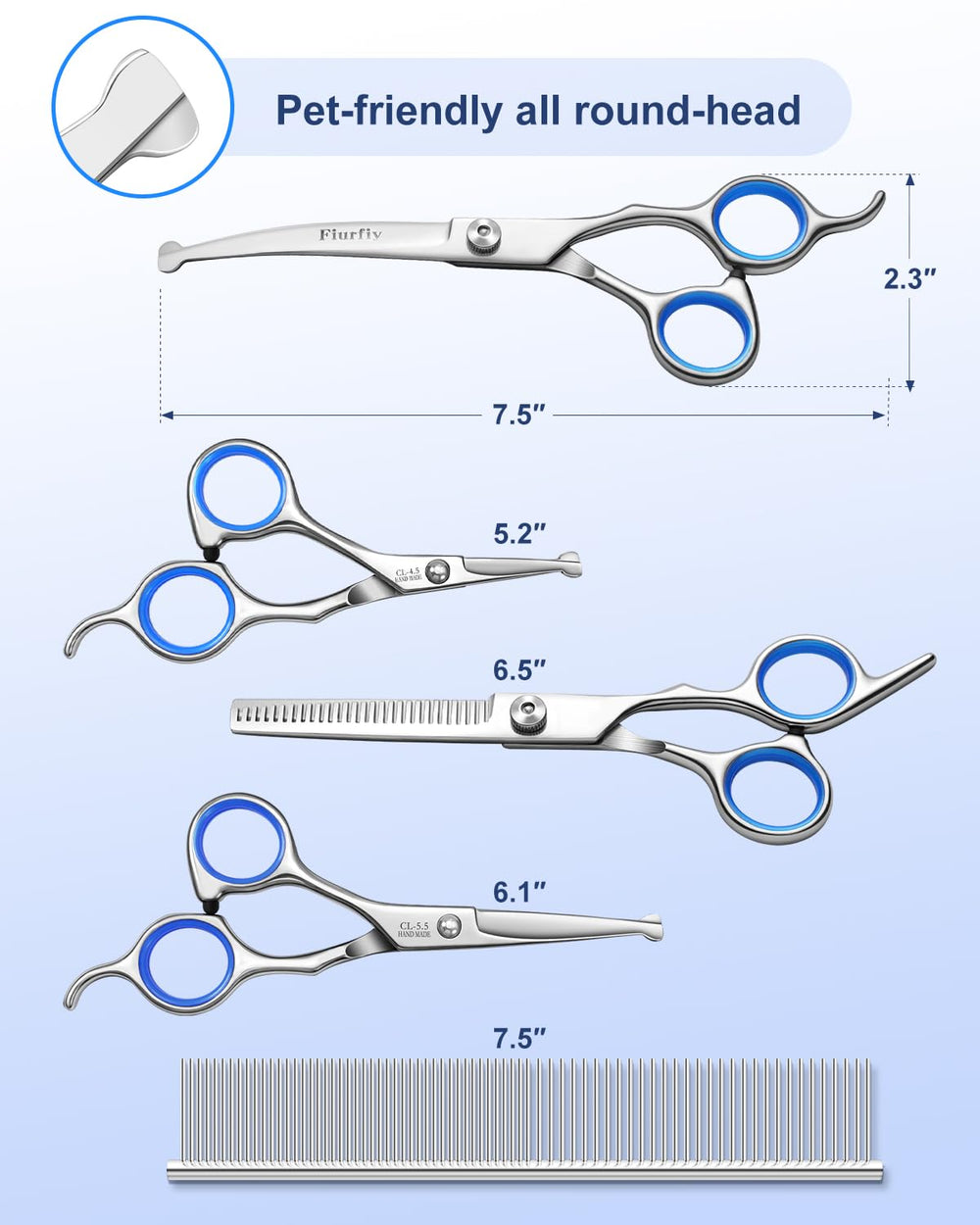 Fiurfiy curved scissor for smooth fur trimming and tidy finishing.