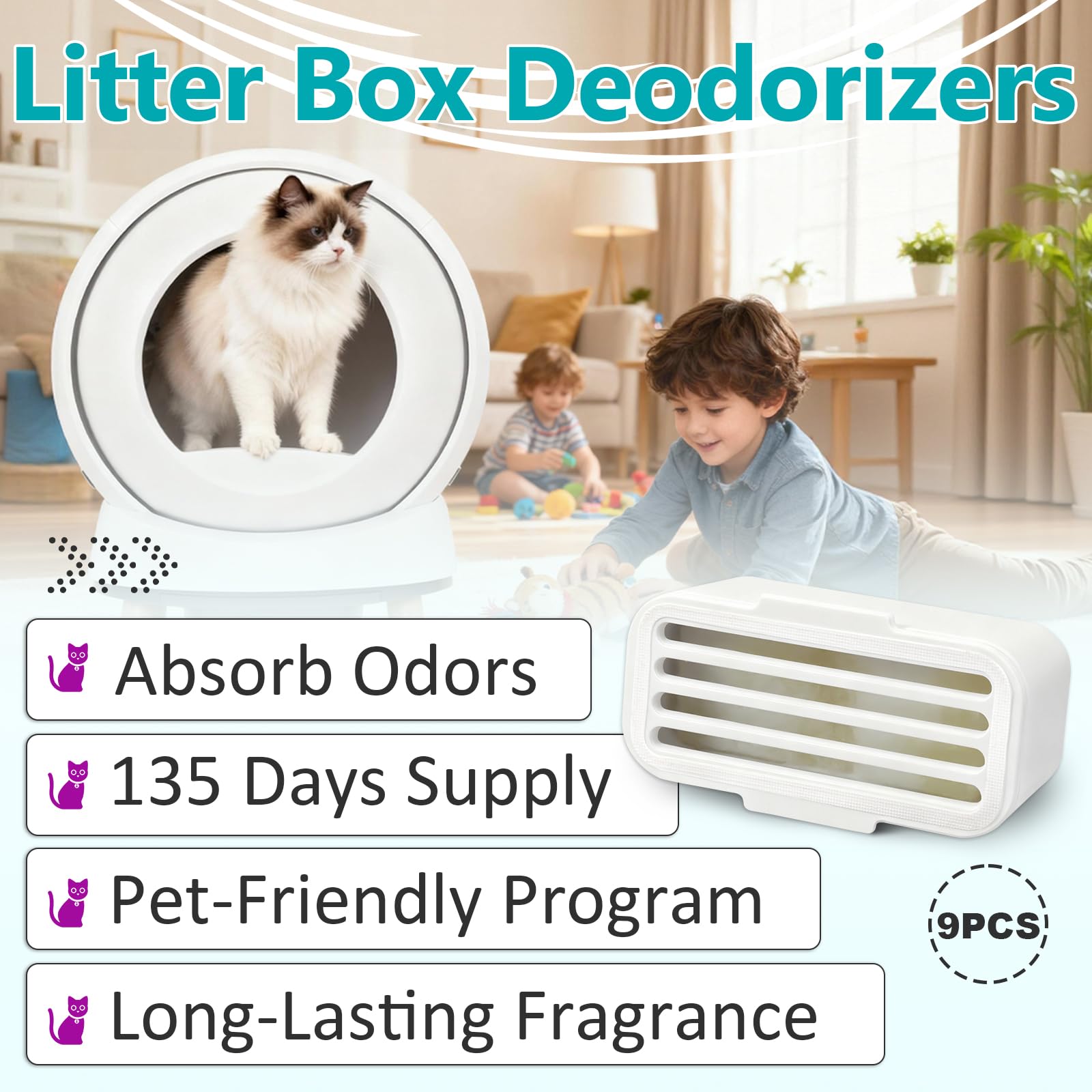 FixlyFido deodorizer shown beside compatible litter boxes, smooth integration and odor control.